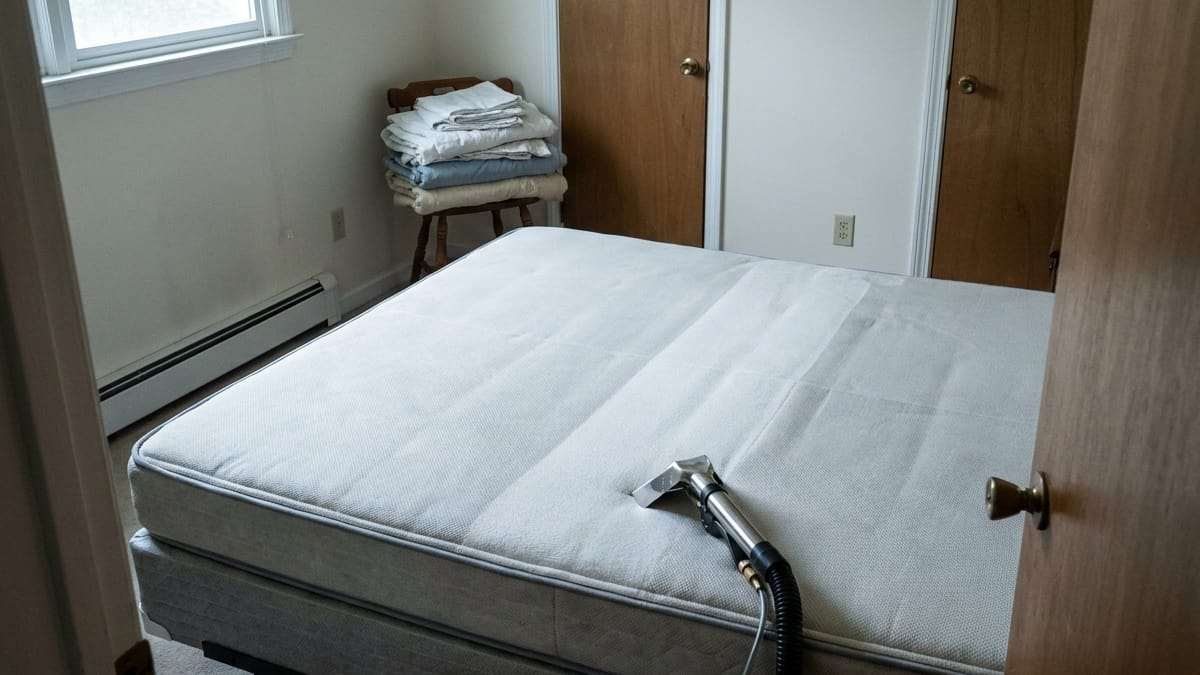 Illustration: a stripped mattress with an upholstery hand tool on it and the bedding folded on a chair