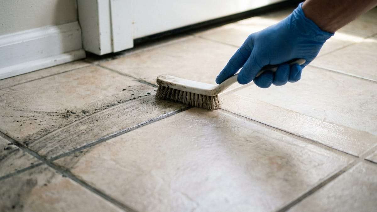 Illustration: a brush working a grout line, the joint several shades lighter on one side of the brush than the other