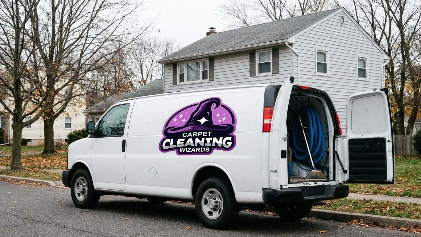 Illustration of the Carpet Cleaning Wizards van, logo on the side panel, rear doors open with a hose and extraction wand inside
