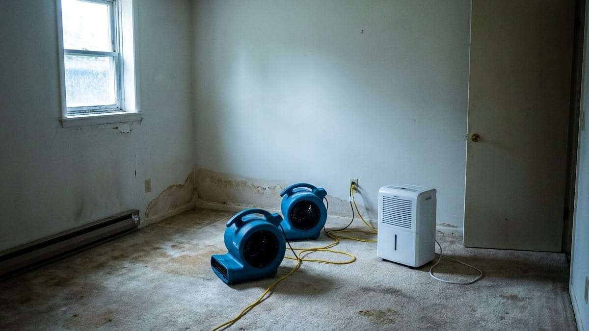 Illustration: two air movers and a dehumidifier running on damp carpet in an emptied room, a tide line along the bottom of the wall