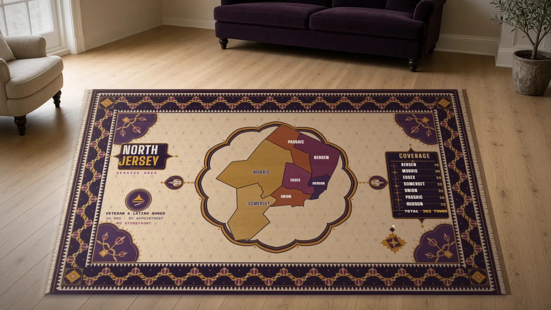 A living room with a woven wool rug on the oak floor. The rug is a map of seven of the New Jersey counties Carpet Cleaning Wizards serves: Bergen, Passaic, Morris, Essex, Hudson, Union and Somerset, with the number of towns covered in each.