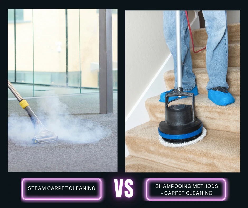 "Comparative view of steam cleaning and traditional shampooing being performed on carpets, emphasizing cleaning performance."