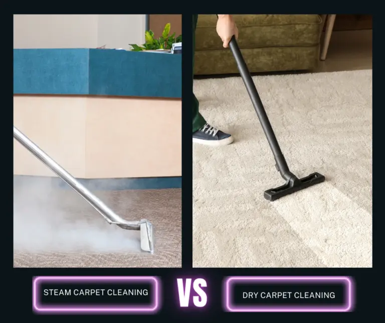 "Side-by-side image showing steam carpet cleaning versus dry carpet cleaning, evaluating the best method for various carpet types."