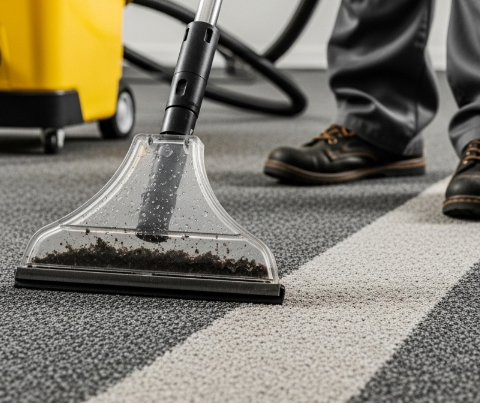 Technician performing rotary cleaning on CA carpet in a modern home