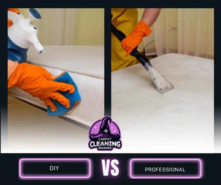 Comparison image showing DIY mattress cleaning on one side and professional service on the other, highlighting differences in effectiveness.