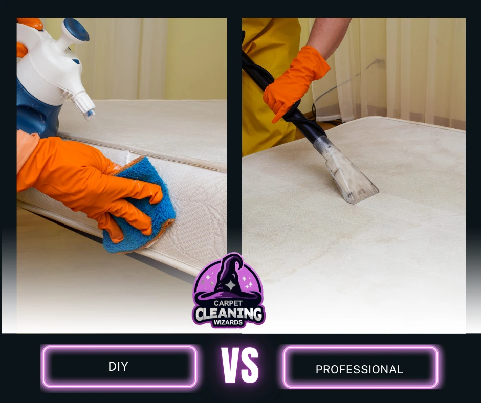 Comparison image showing DIY mattress cleaning on one side and professional service on the other, highlighting differences in effectiveness.