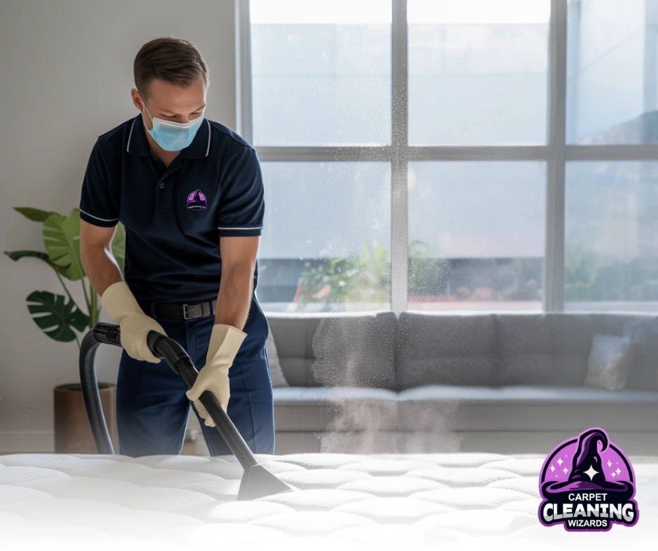 Technician using an extraction machine to professionally clean a mattress in a bright living room setting.