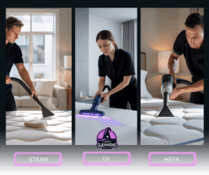 Side-by-side images of steam, UV light, and HEPA vacuum methods being applied to mattresses, showing various cleaning technologies.