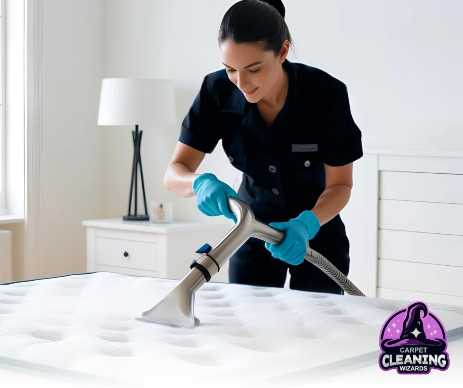 Mattress cleaning specialist using a vacuum extractor to sanitize a mattress, wearing gloves and uniform for hygiene.